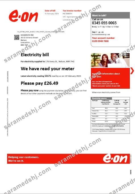 United Kingdom E.ON business utility bill template in Word and PDF formats, version 3